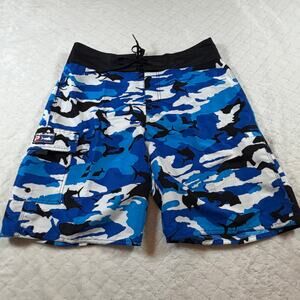 Pelagic Fish Camo Men’s board shorts in a blue, white, and black - size 32